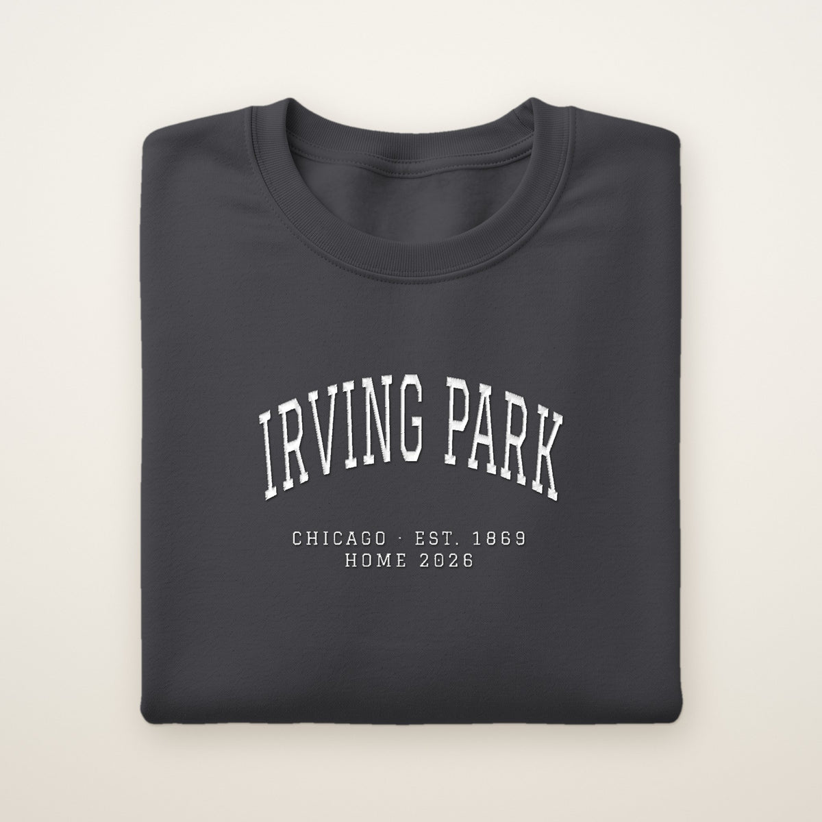 Irving Park Chicago Home 2026 Embroidered Crewneck — White Thread on Dark Heather