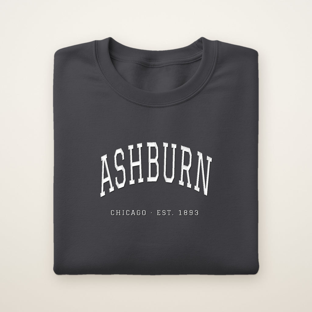Ashburn Chicago Embroidered Crewneck — White Thread on Dark Heather