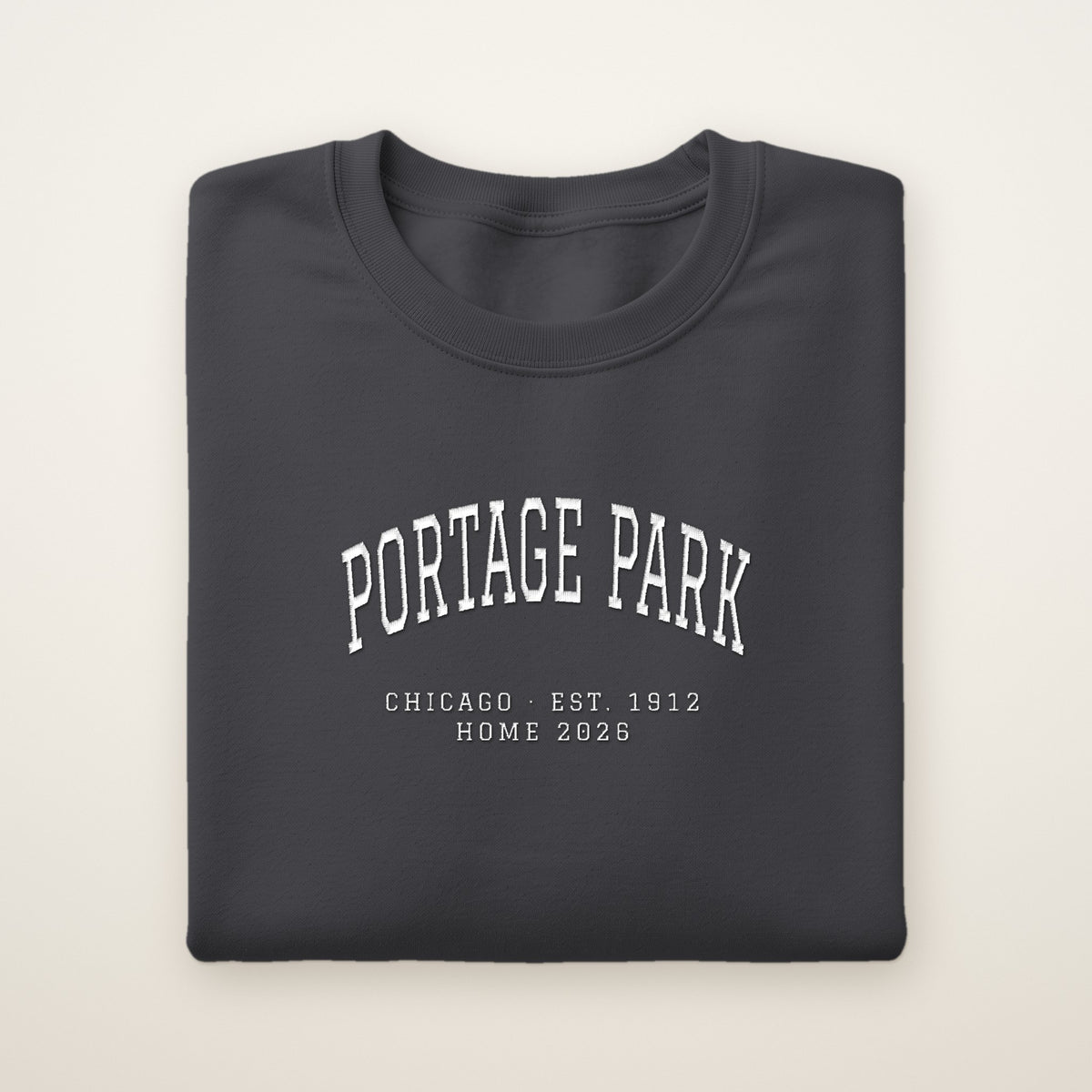 Portage Park Chicago Home 2026 Embroidered Crewneck — White Thread on Dark Heather