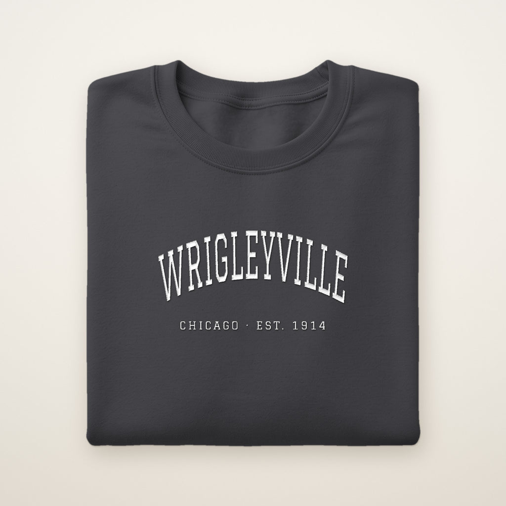 Wrigleyville Chicago Embroidered Crewneck — White Thread on Dark Heather