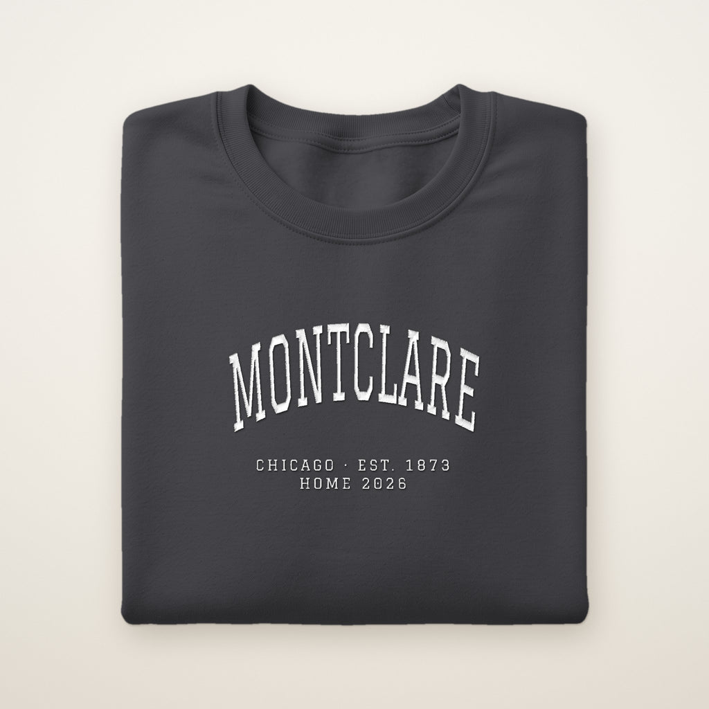 Montclare Chicago Home 2026 Embroidered Crewneck — White Thread on Dark Heather