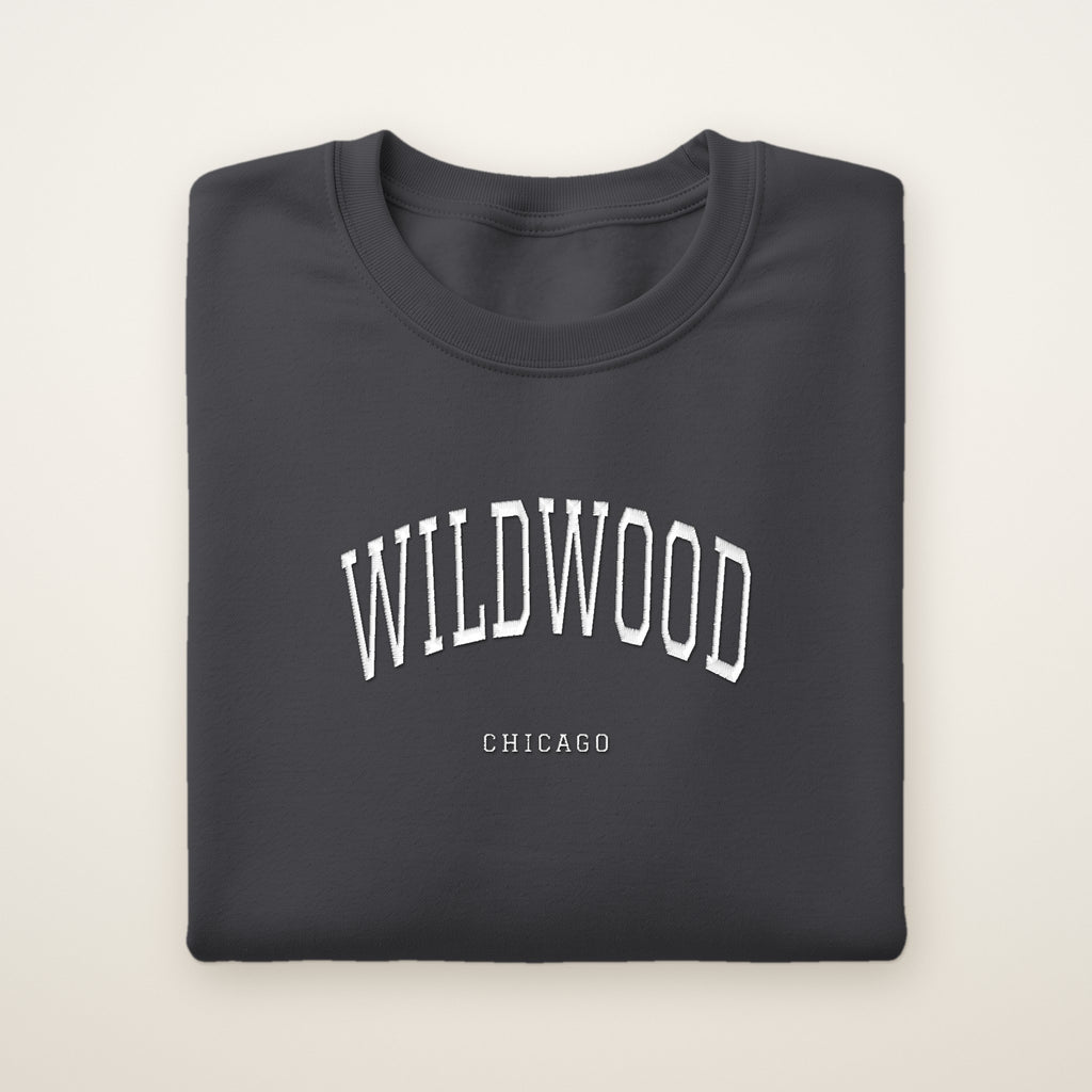 Wildwood Chicago Embroidered Crewneck — White Thread on Dark Heather