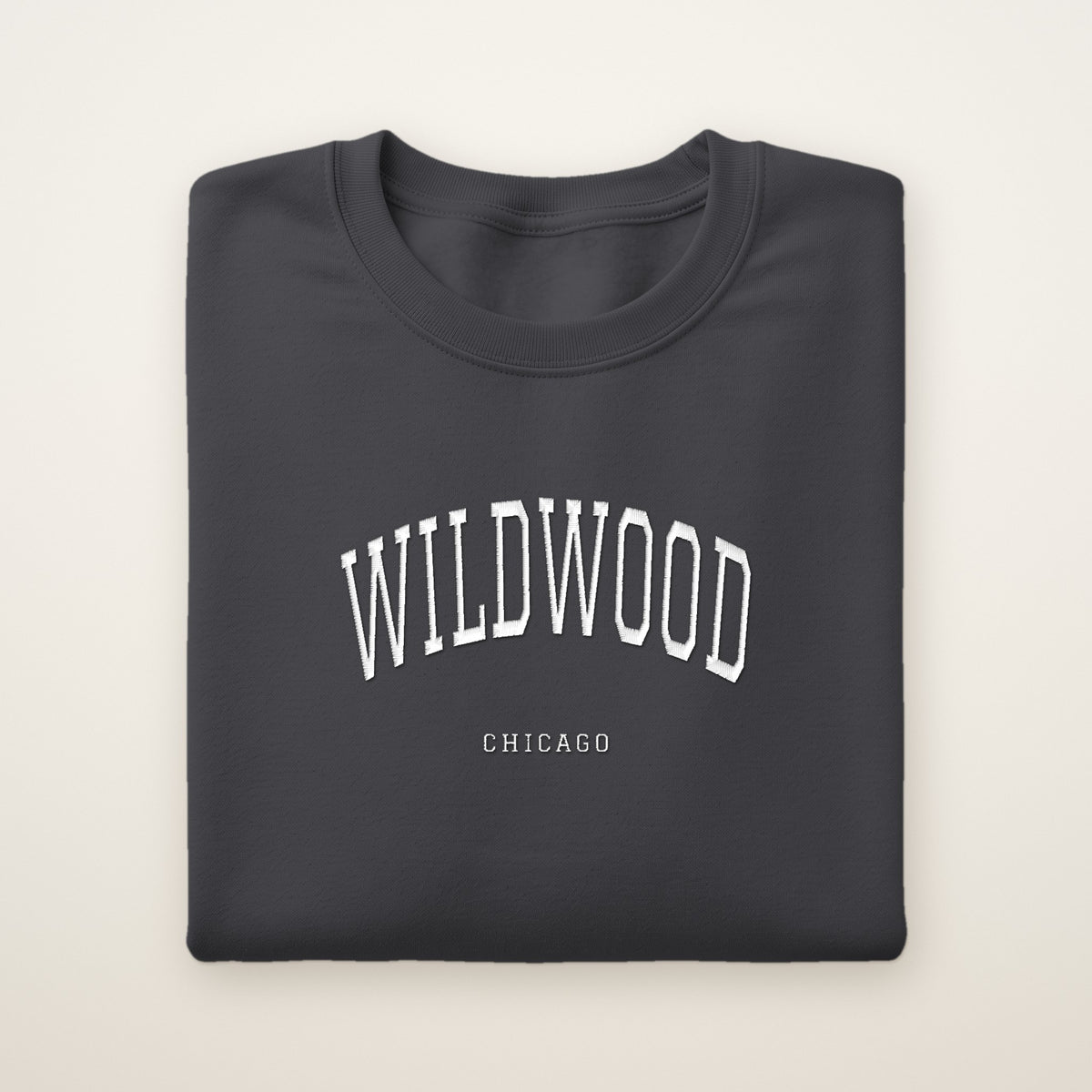 Wildwood Chicago Embroidered Crewneck — White Thread on Dark Heather