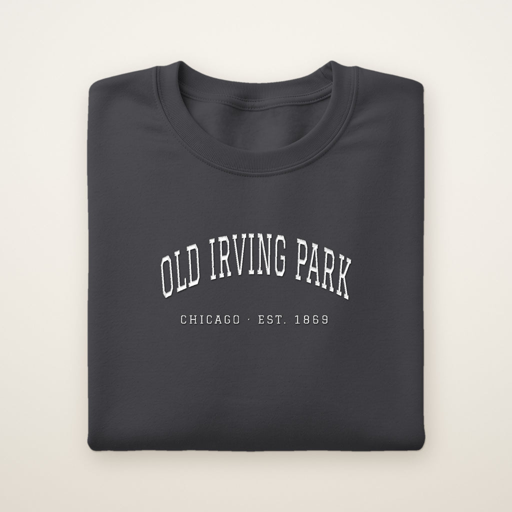Old Irving Park Chicago Embroidered Crewneck — White Thread on Dark Heather