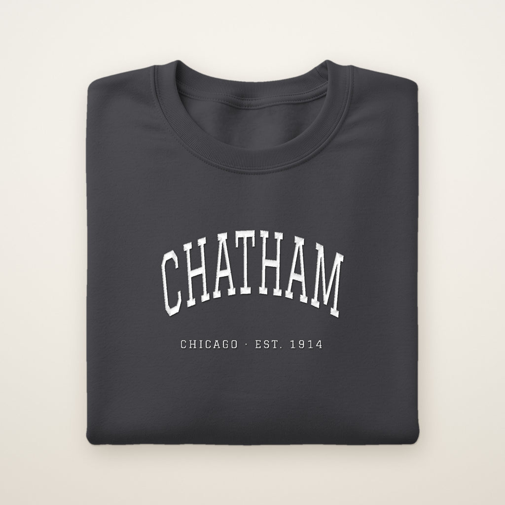 Chatham Chicago Embroidered Crewneck — White Thread on Dark Heather