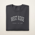 West Ridge Chicago Embroidered Crewneck — White Thread on Dark Heather