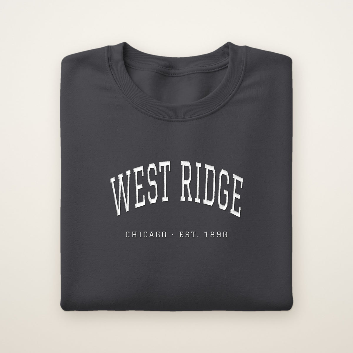 West Ridge Chicago Embroidered Crewneck — White Thread on Dark Heather