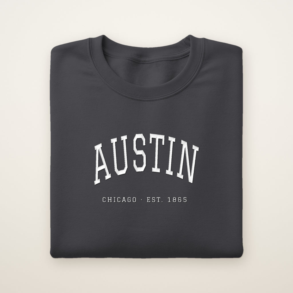 Austin Chicago Embroidered Crewneck — White Thread on Dark Heather