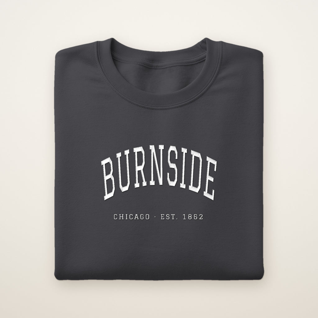 Burnside Chicago Embroidered Crewneck — White Thread on Dark Heather