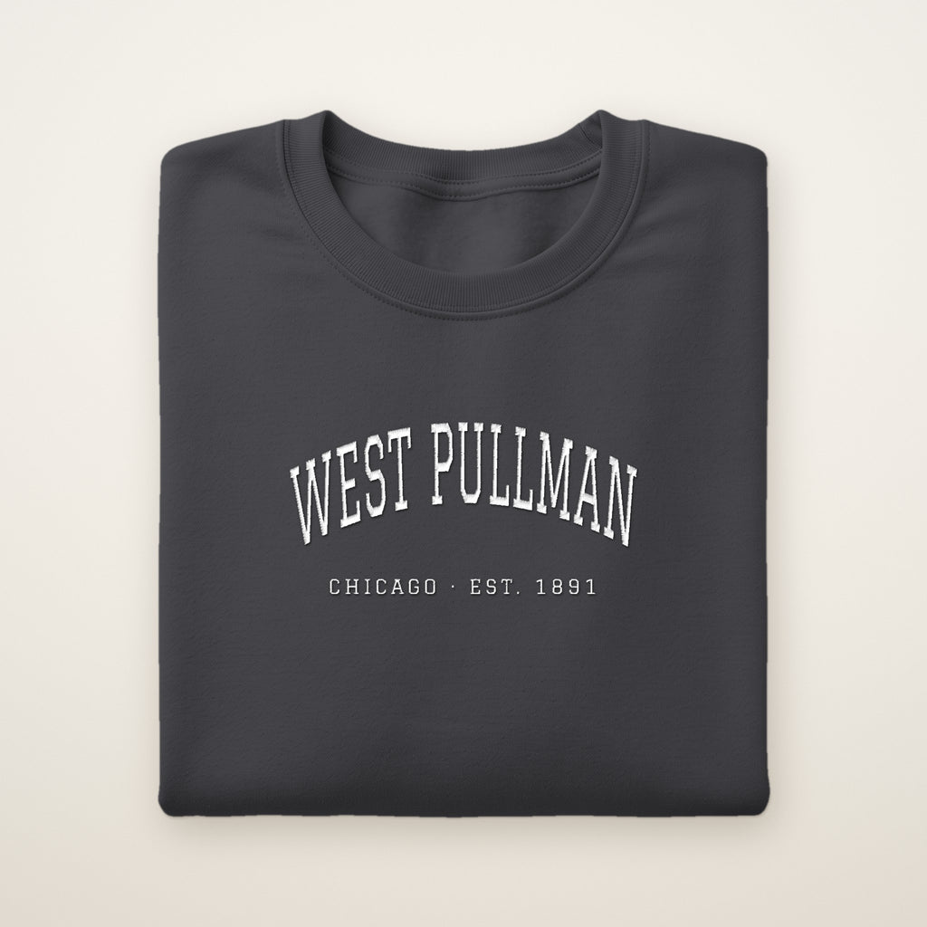 West Pullman Chicago Embroidered Crewneck — White Thread on Dark Heather