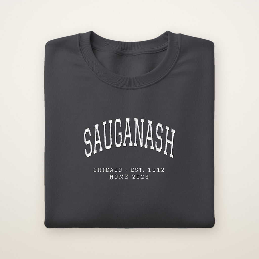 Sauganash Chicago Home 2026 Embroidered Crewneck — White Thread on Dark Heather
