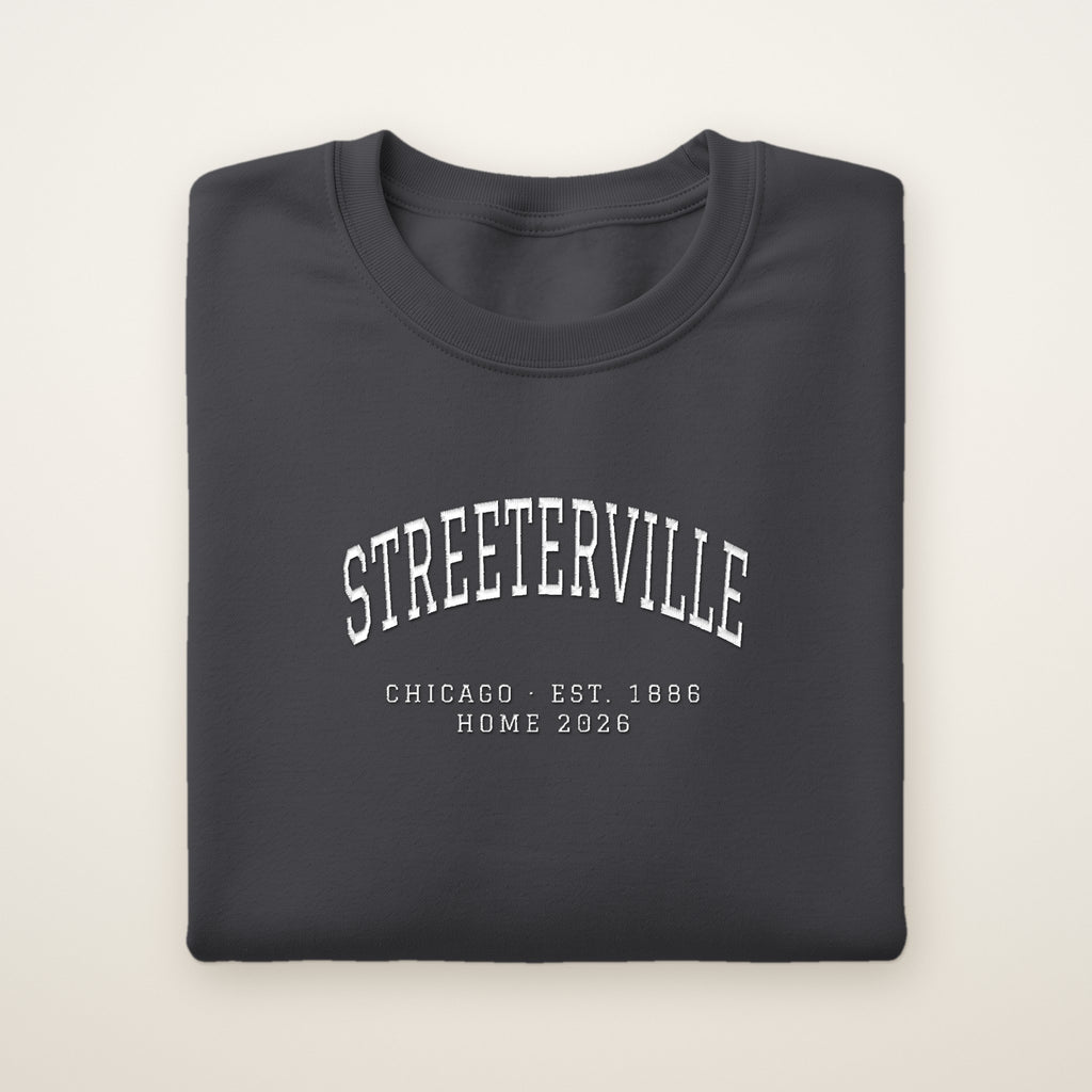 Streeterville Chicago Home 2026 Embroidered Crewneck — White Thread on Dark Heather