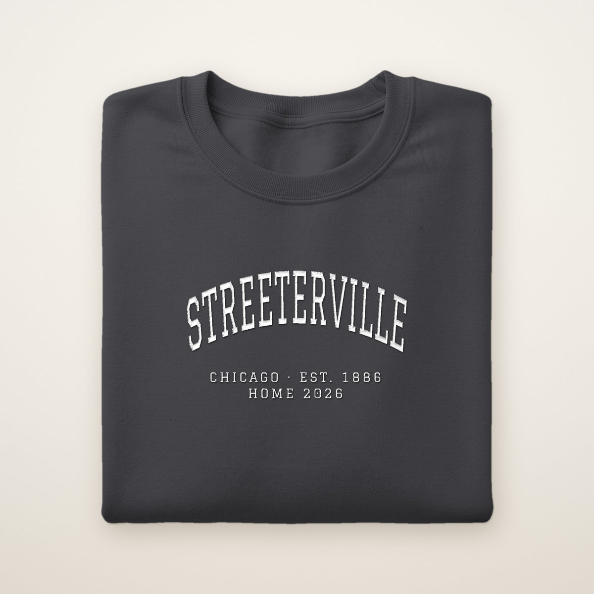 Streeterville Chicago Home 2026 Embroidered Crewneck — White Thread on Dark Heather