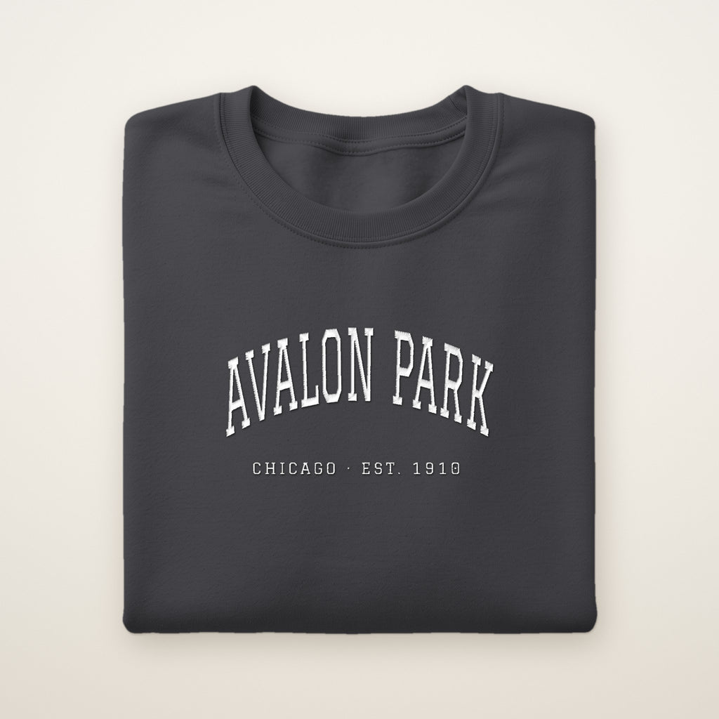Avalon Park Chicago Embroidered Crewneck — White Thread on Dark Heather