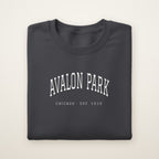 Avalon Park Chicago Embroidered Crewneck — White Thread on Dark Heather