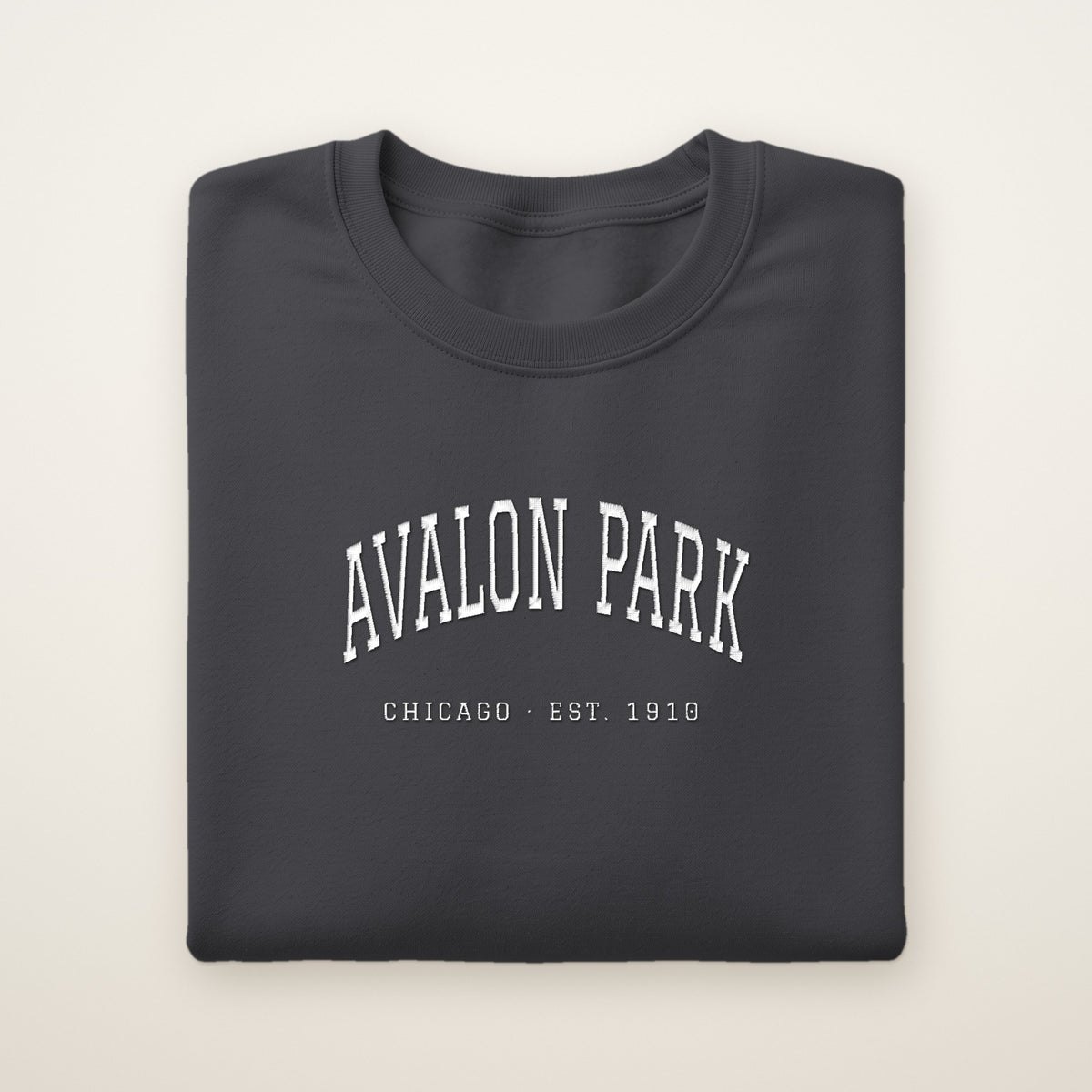 Avalon Park Chicago Embroidered Crewneck — White Thread on Dark Heather