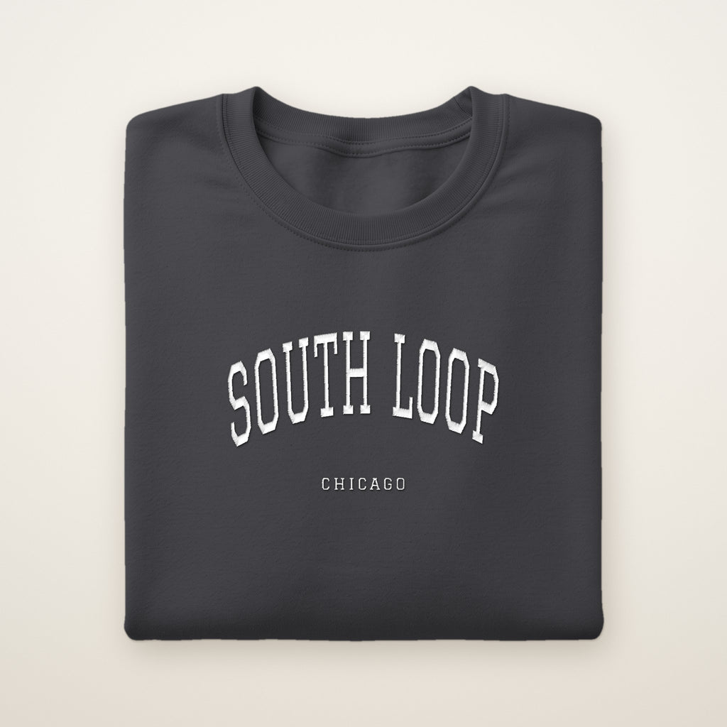 South Loop Chicago Embroidered Crewneck — White Thread on Dark Heather