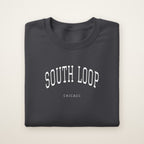 South Loop Chicago Embroidered Crewneck — White Thread on Dark Heather
