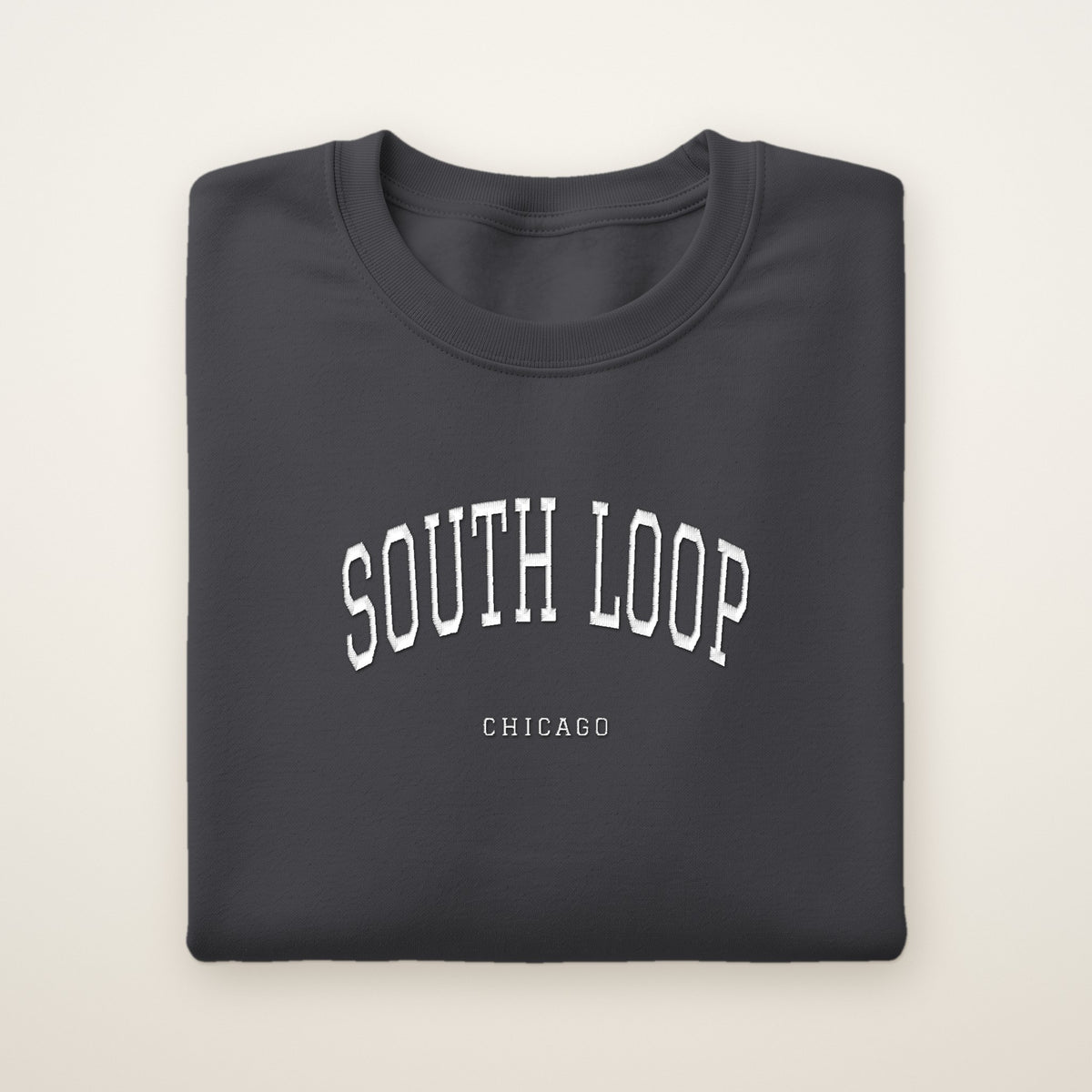 South Loop Chicago Embroidered Crewneck — White Thread on Dark Heather