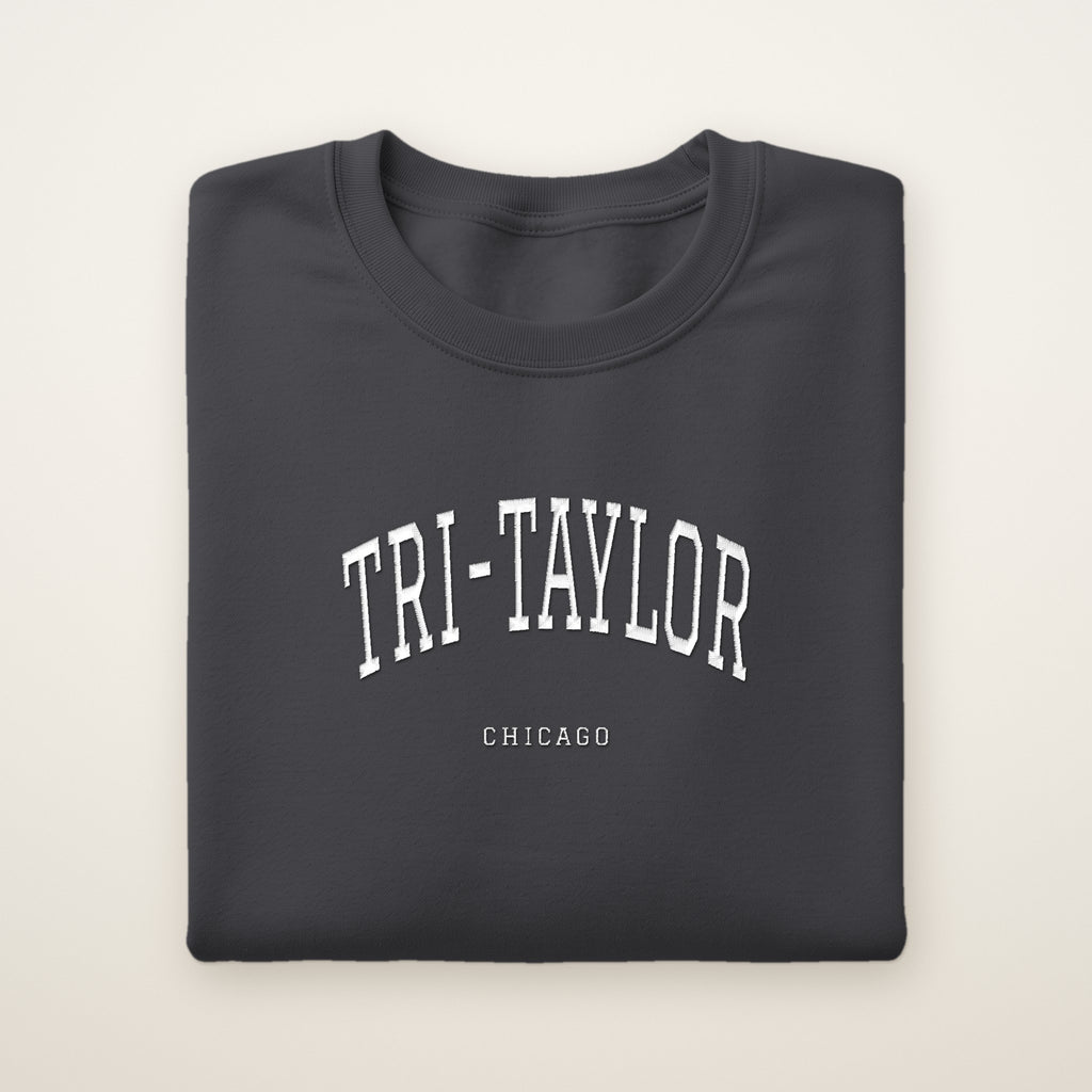 Tri-Taylor Chicago Embroidered Crewneck — White Thread on Dark Heather