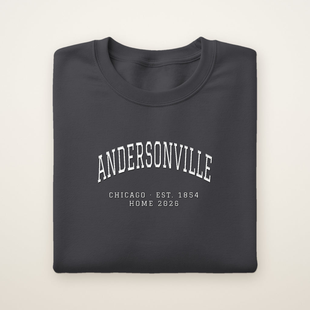 Andersonville Chicago Home 2026 Embroidered Crewneck — White Thread on Dark Heather