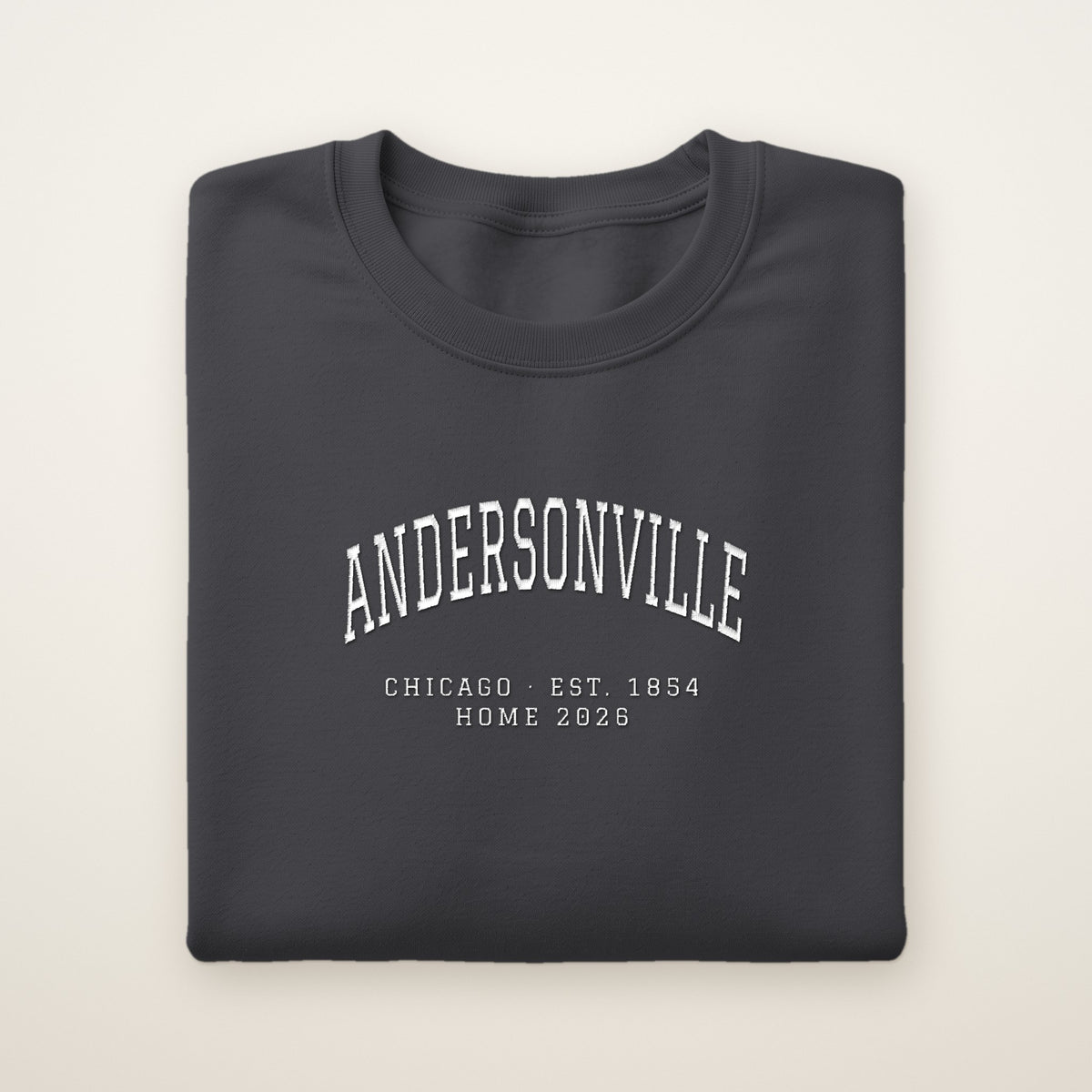 Andersonville Chicago Home 2026 Embroidered Crewneck — White Thread on Dark Heather