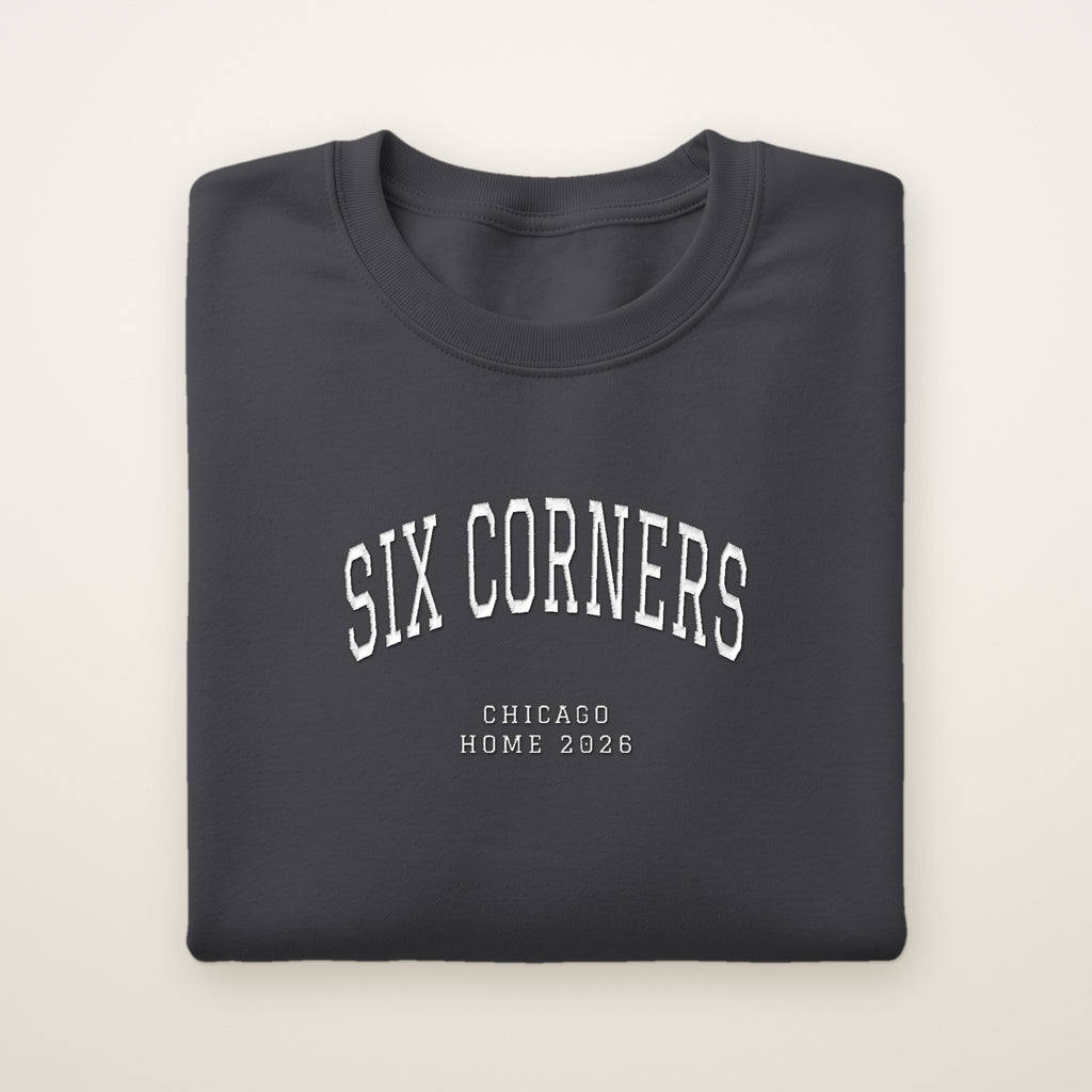 Six Corners Chicago Home 2026 Embroidered Crewneck — White Thread on Dark Heather