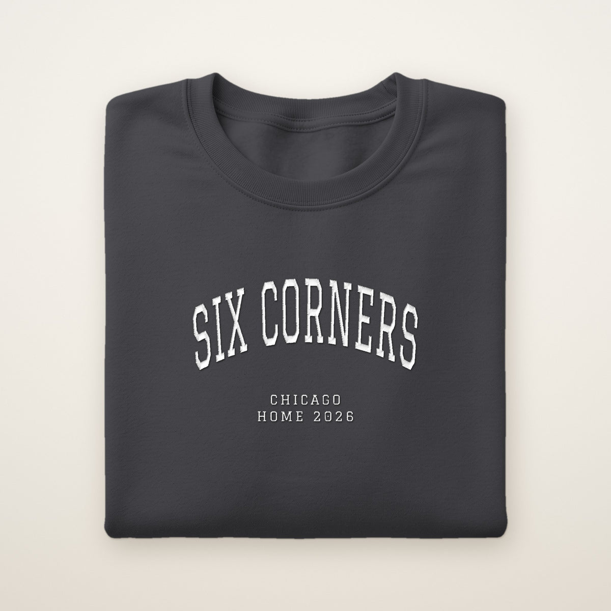 Six Corners Chicago Home 2026 Embroidered Crewneck — White Thread on Dark Heather