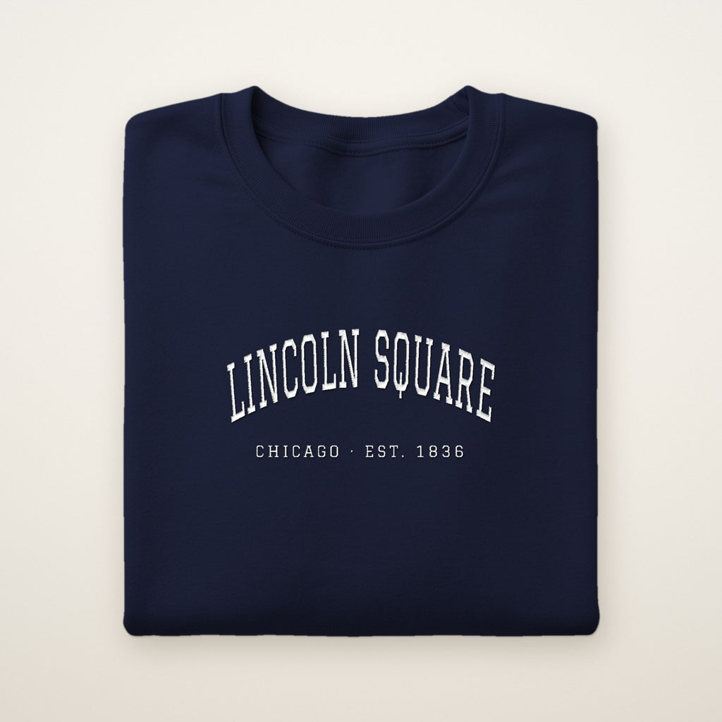 Lincoln Square Chicago Embroidered Crewneck — White Thread