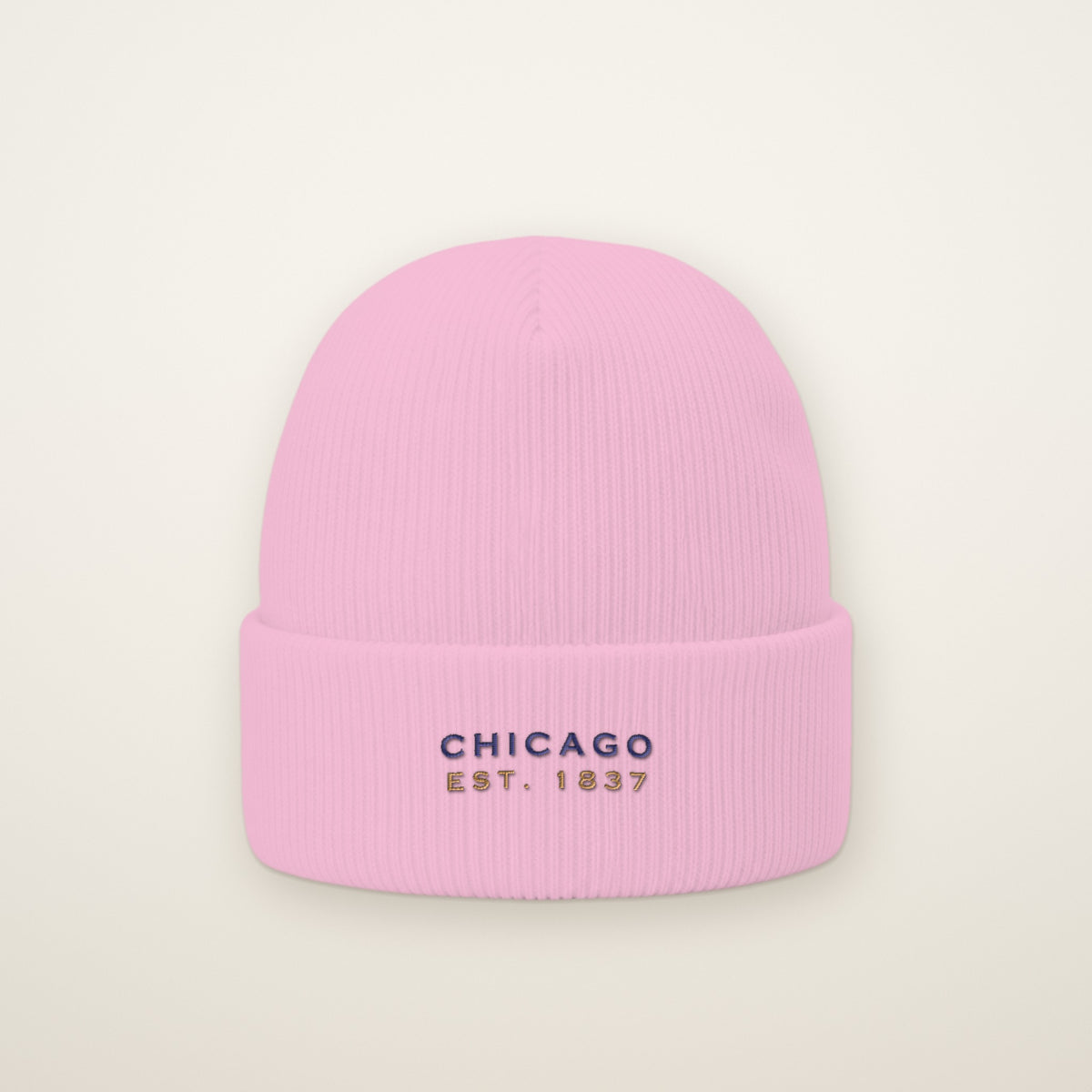 Chicago Est. 1837 Embroidered Cuffed Beanie, Navy Thread, Baby Pink