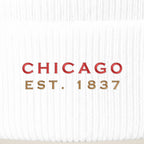 Chicago Est. 1837 embroidery close-up in red and old gold thread