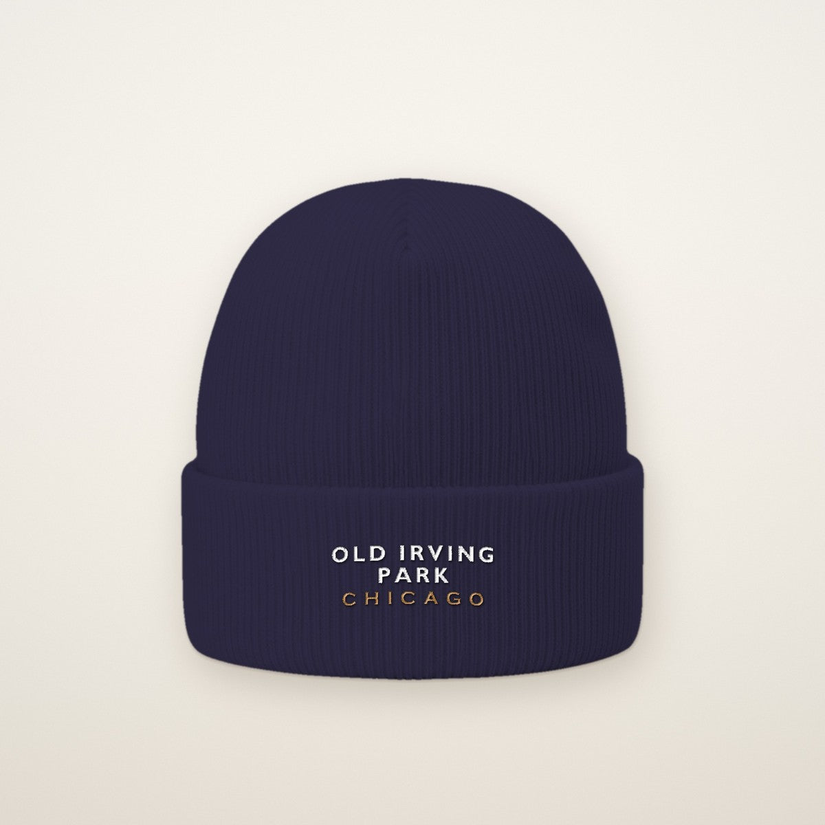 Old Irving Park Chicago Embroidered Cuffed Beanie — White Thread