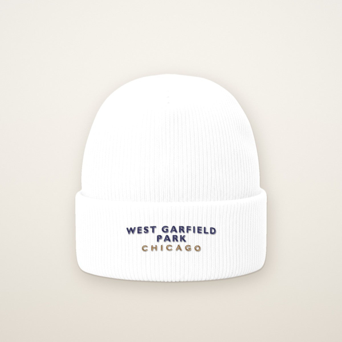 West Garfield Park Chicago Embroidered Cuffed Beanie — Navy Thread