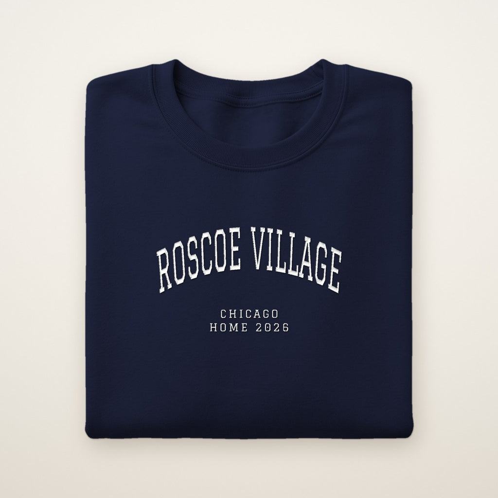 Roscoe Village Chicago Home 2026 Embroidered Crewneck — White Thread