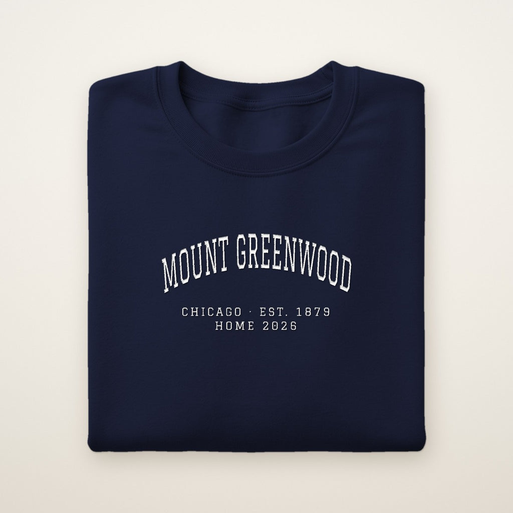 Mount Greenwood Chicago Home 2026 Embroidered Crewneck — White Thread