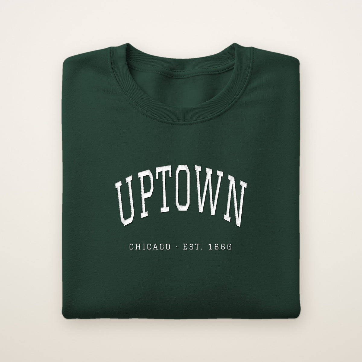Uptown Chicago Embroidered Crewneck — White Thread on Forest Green