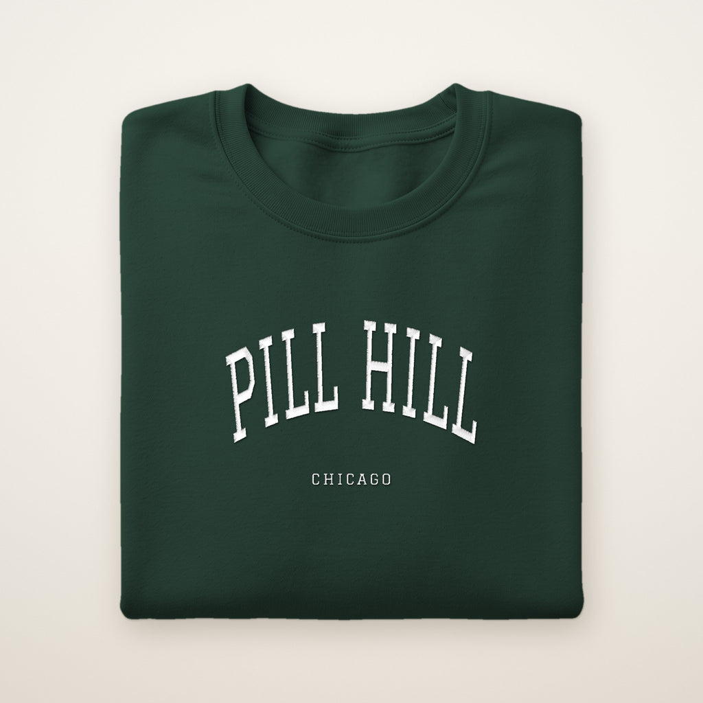 Pill Hill Chicago Embroidered Crewneck — White Thread on Forest Green
