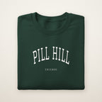 Pill Hill Chicago Embroidered Crewneck — White Thread on Forest Green