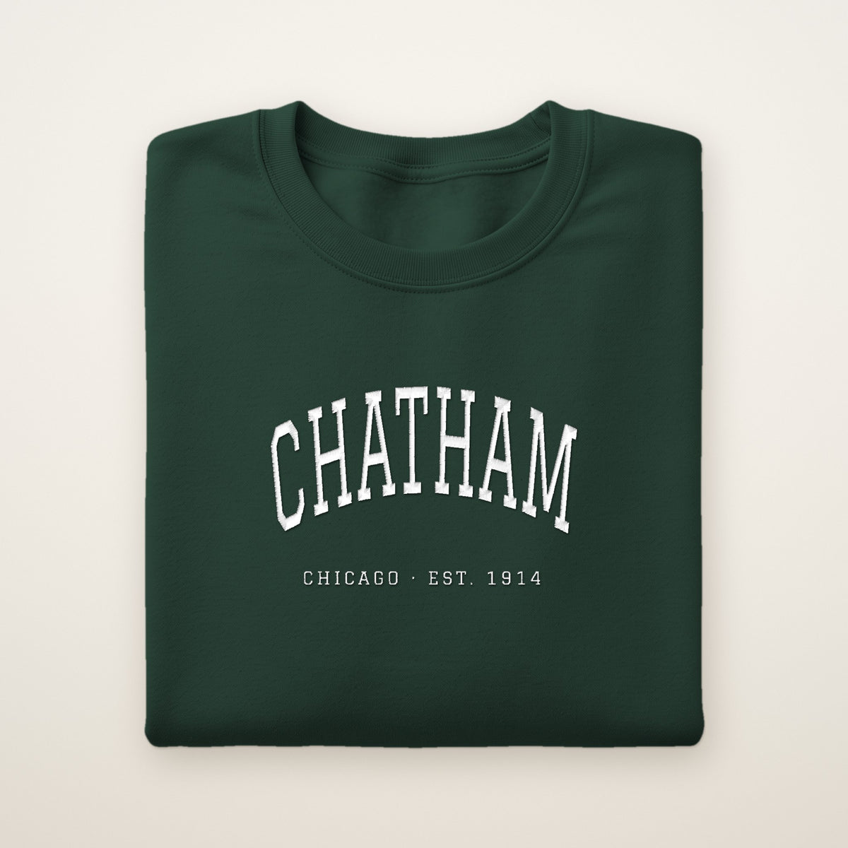 Chatham Chicago Embroidered Crewneck — White Thread on Forest Green