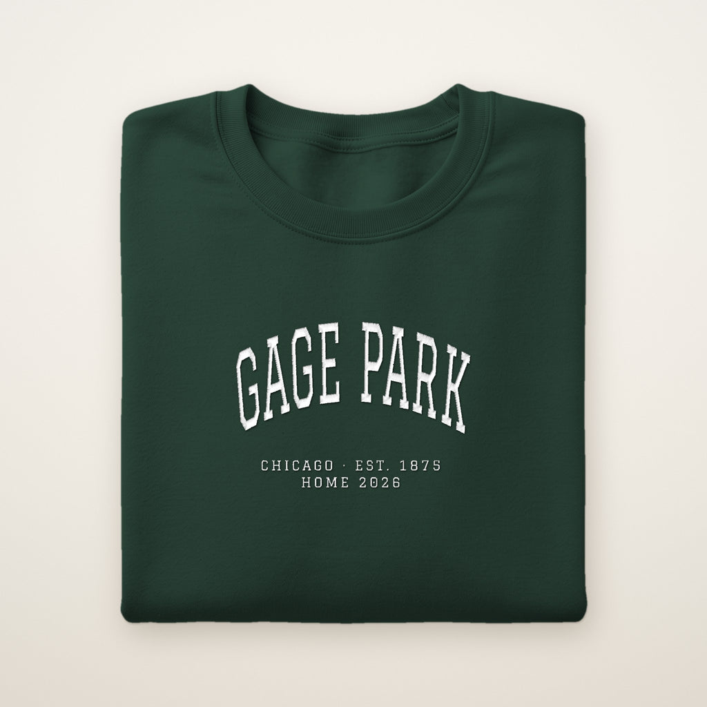 Gage Park Chicago Home 2026 Embroidered Crewneck — White Thread on Forest Green