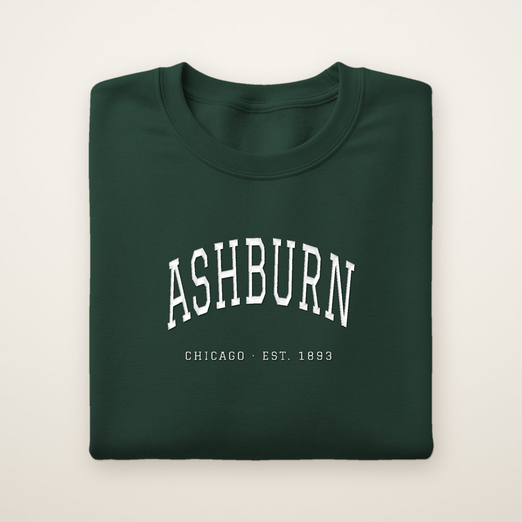 Ashburn Chicago Embroidered Crewneck — White Thread on Forest Green