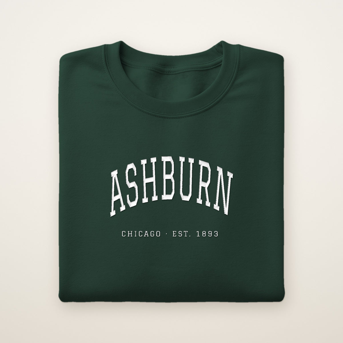 Ashburn Chicago Embroidered Crewneck — White Thread on Forest Green