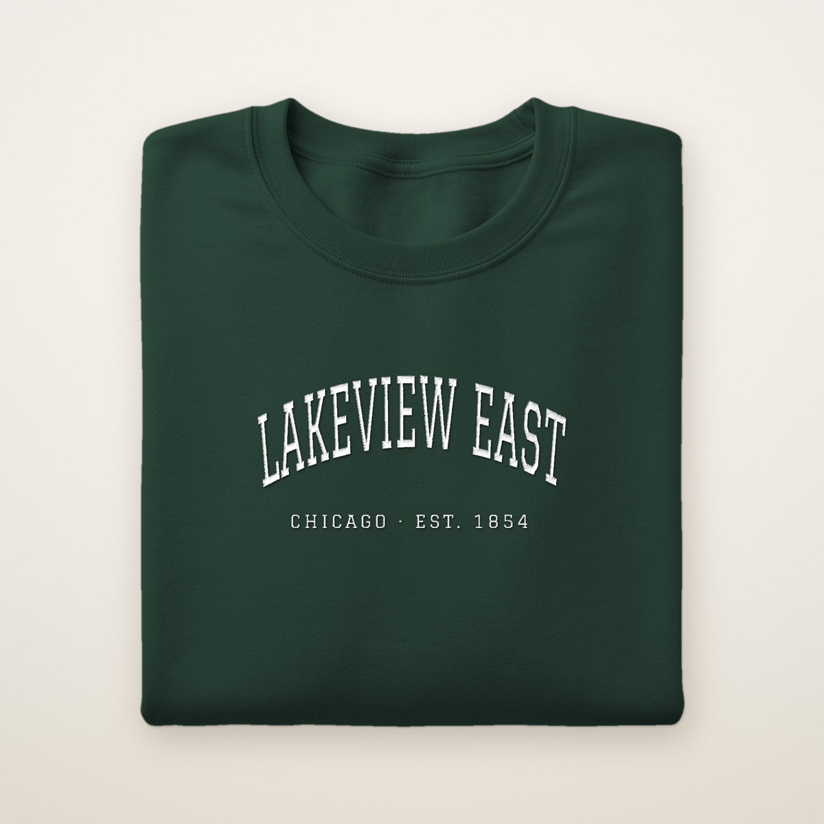 Lakeview East Chicago Embroidered Crewneck — White Thread on Forest Green