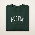 Austin Chicago Embroidered Crewneck — White Thread on Forest Green