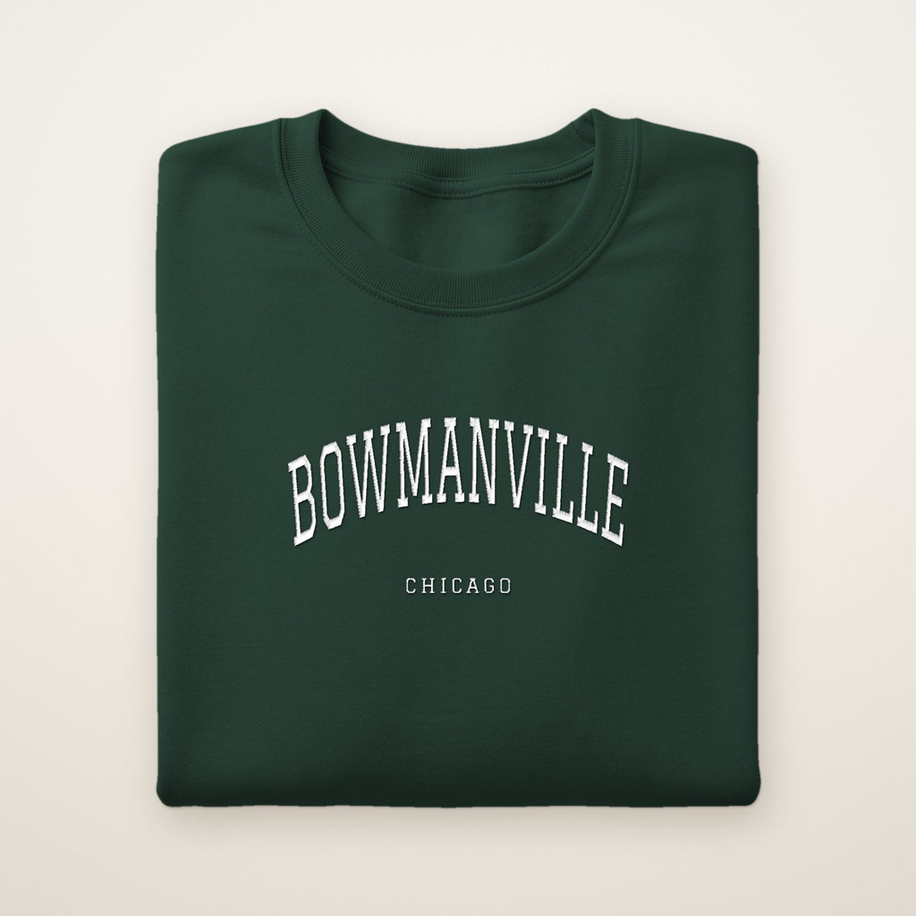 Bowmanville Chicago Embroidered Crewneck — White Thread on Forest Green