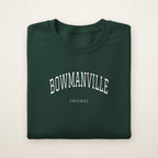 Bowmanville Chicago Embroidered Crewneck — White Thread on Forest Green