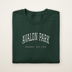 Avalon Park Chicago Embroidered Crewneck — White Thread on Forest Green