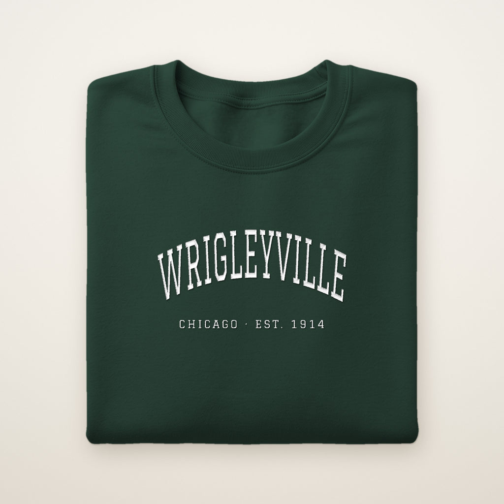 Wrigleyville Chicago Embroidered Crewneck — White Thread on Forest Green