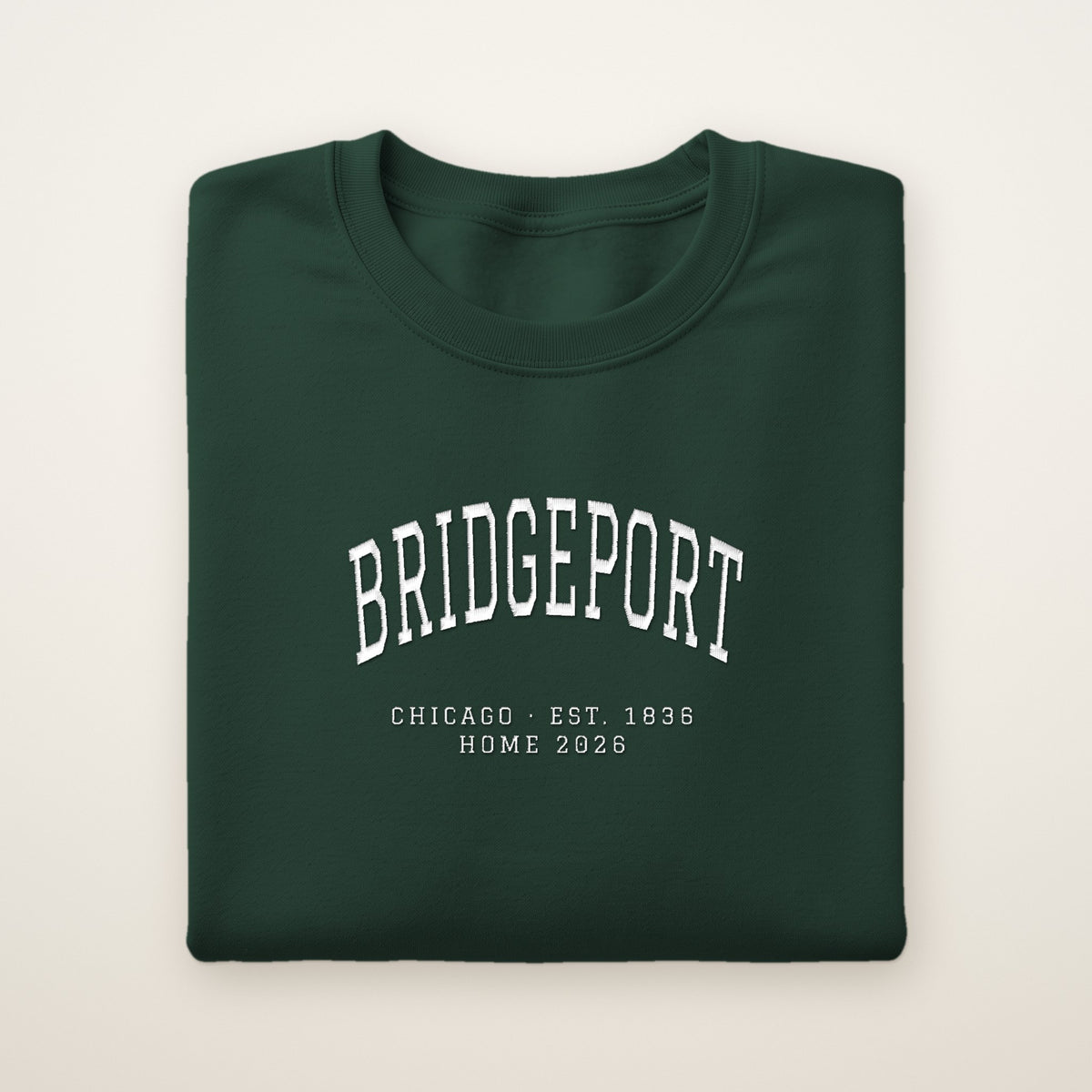 Bridgeport Chicago Home 2026 Embroidered Crewneck — White Thread on Forest Green