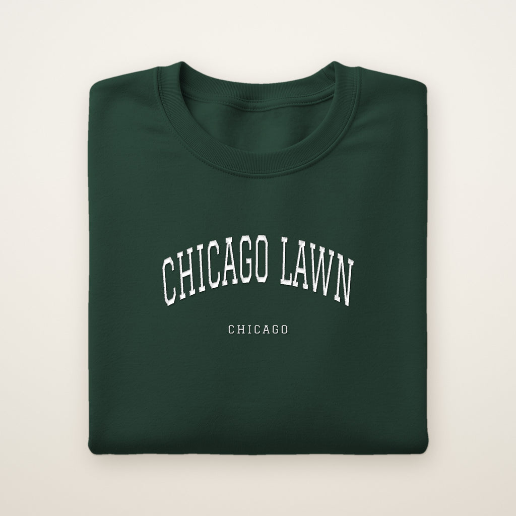 Chicago Lawn Chicago Embroidered Crewneck — White Thread on Forest Green